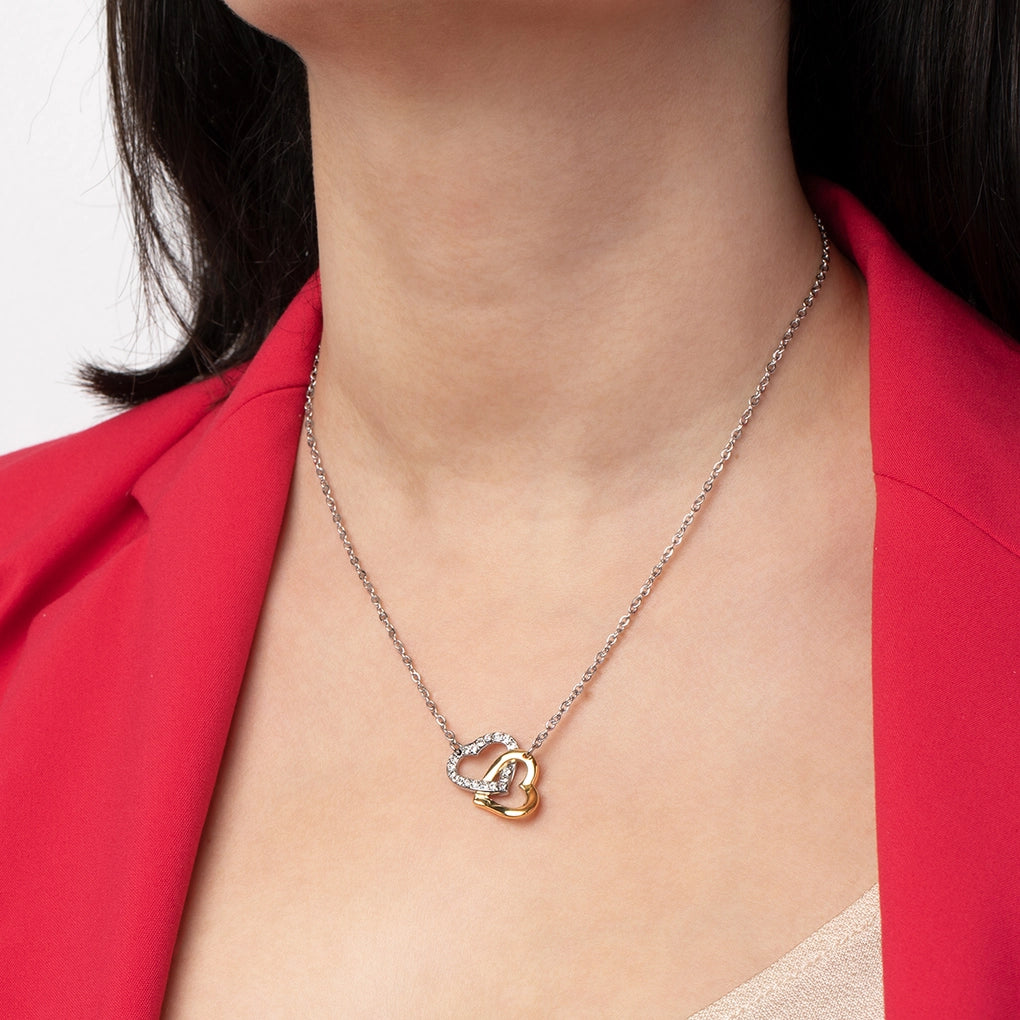 Collar Doble Corazón de Acero Inoxidable con Circonitas, Mujer